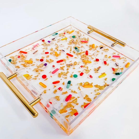 Handmade Kitschy Resin Acrylic Pill Tray with Gold Handles 11” X 11” X 2” - Picture 3 of 5